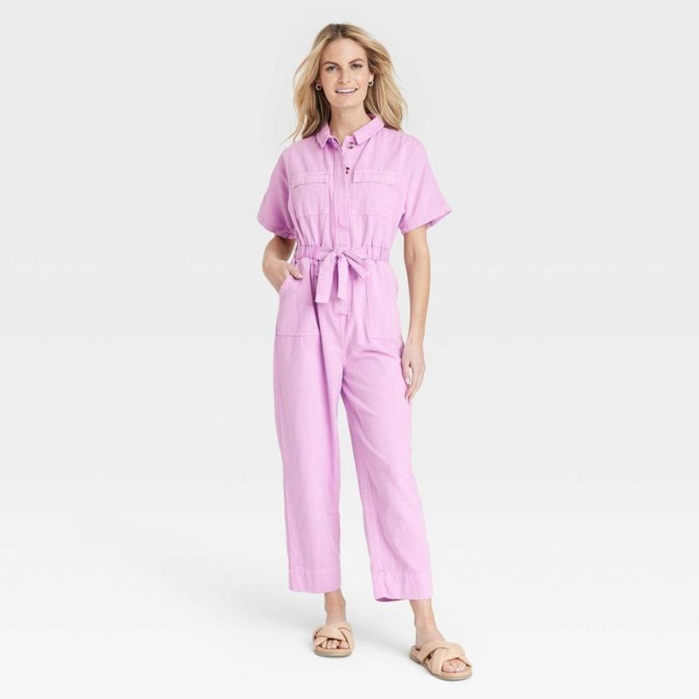 Women's Short Sleeve Button-Front Boilersuit Universal Thread Pink 6